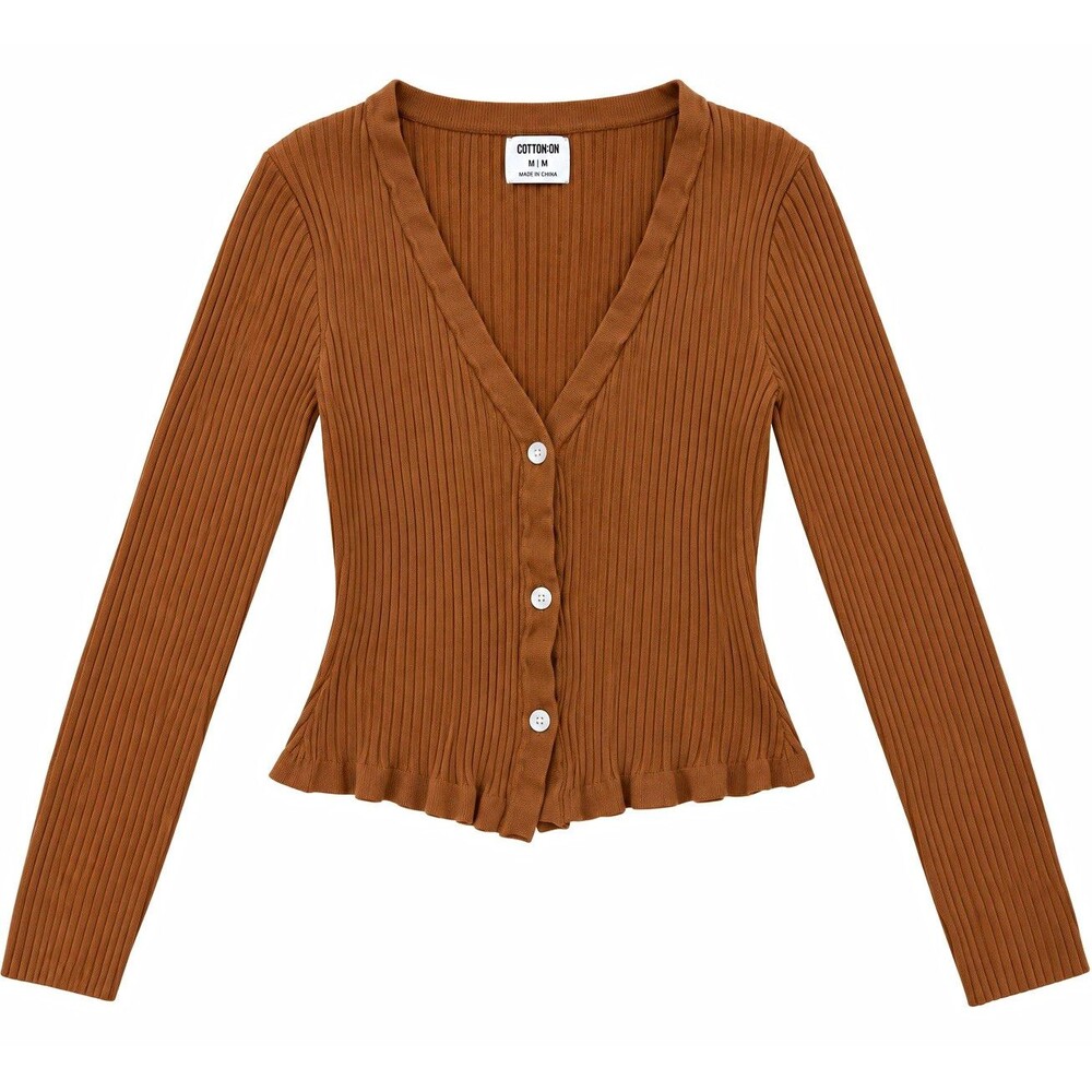 Cotton On Women's Brown Rib-Knit V-Neck Button Front Cardigan Sweater M